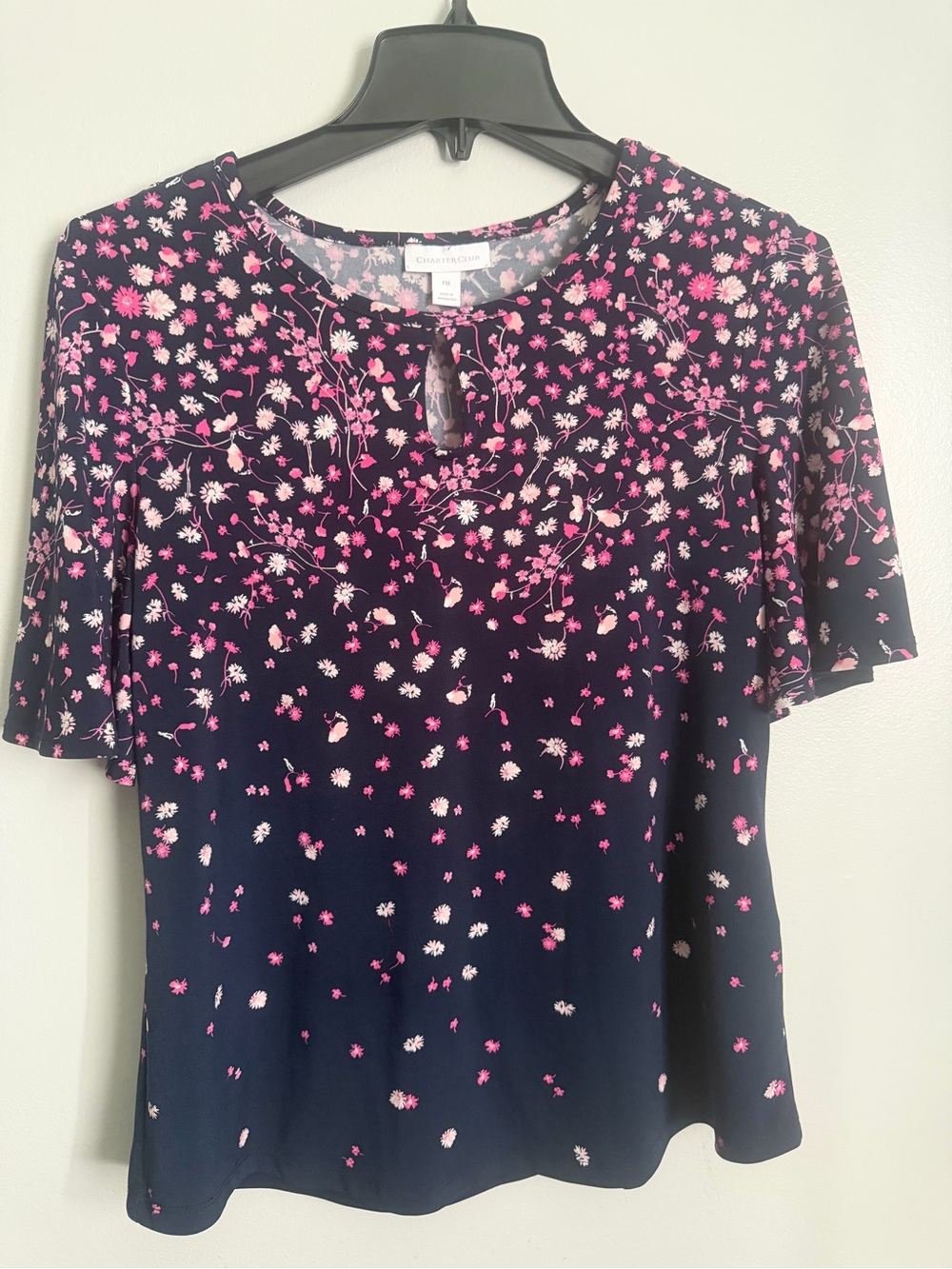 Charter Club Navy pink floral Keyhole Blouse Petite medium